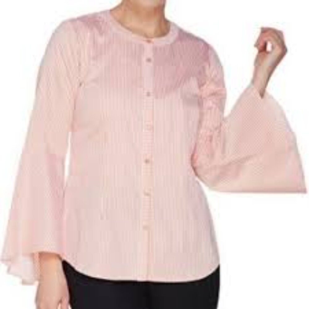 Linea by Louis Dell'Olio Size 2 White and Orange Bell Sleeve Striped Blouse